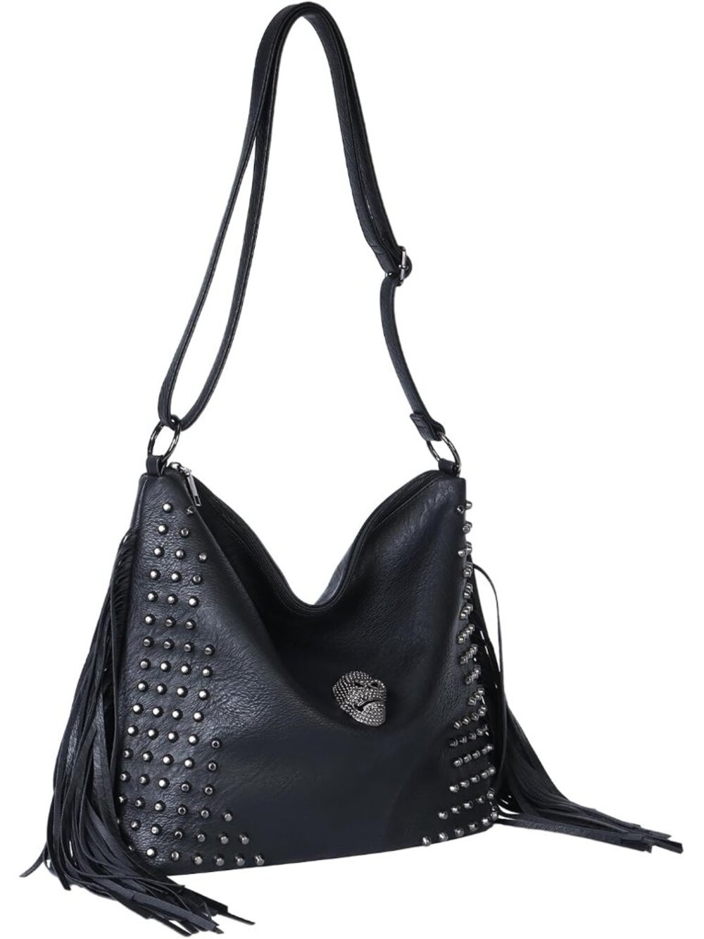 Western Fringe Purse for Women Hobo Leather Skull Gothic Crossbody Bag Black Pun